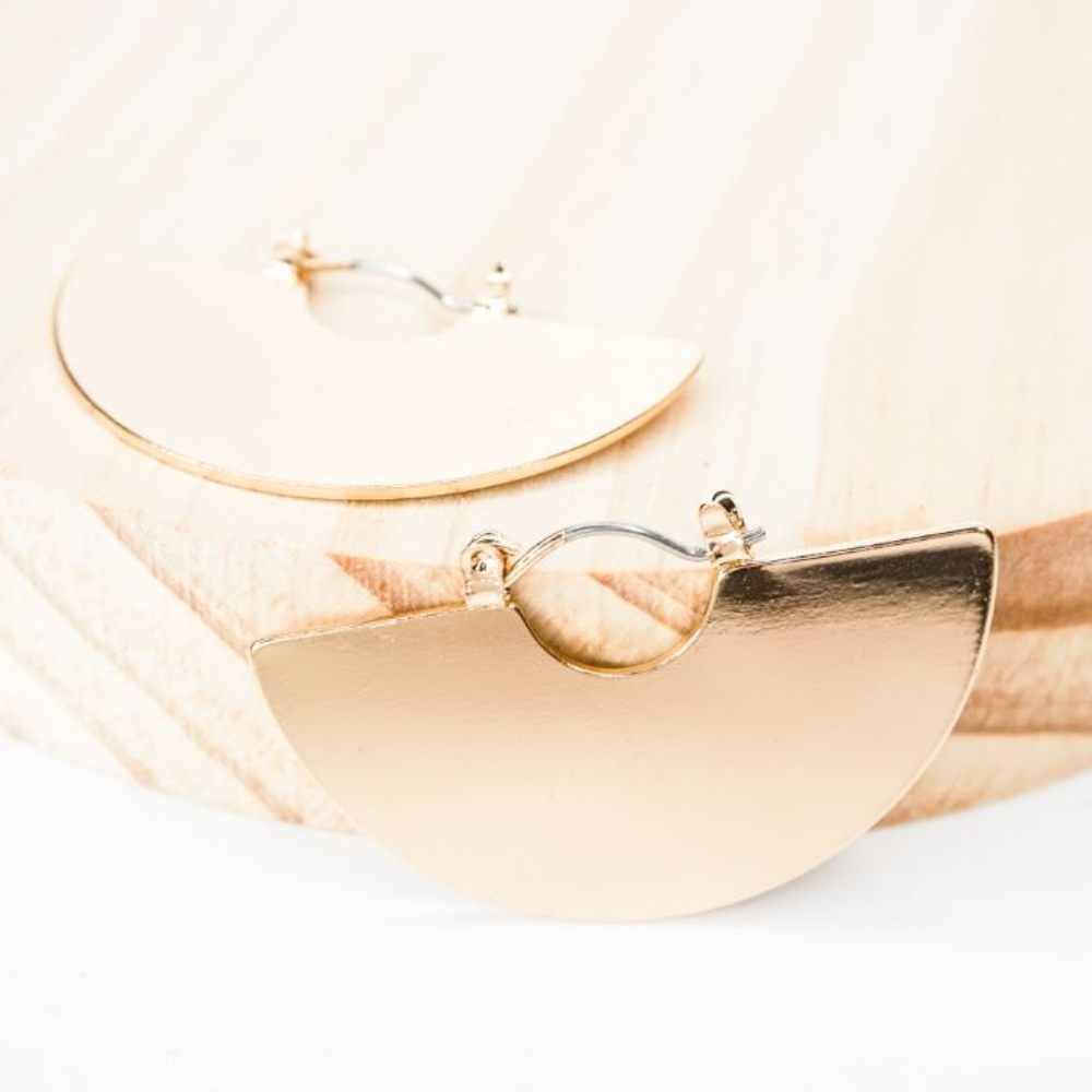 Flat Half Disc Gold Metal Earrings - Picture 2 of 4
